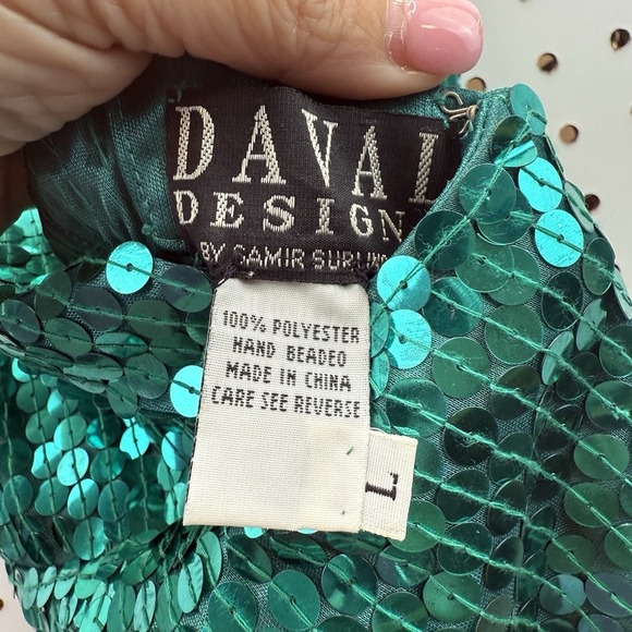 VTG Daval Designs Green Hand Beaded Sequin Dress SZ Large Knee Length - Picture 8 of 8